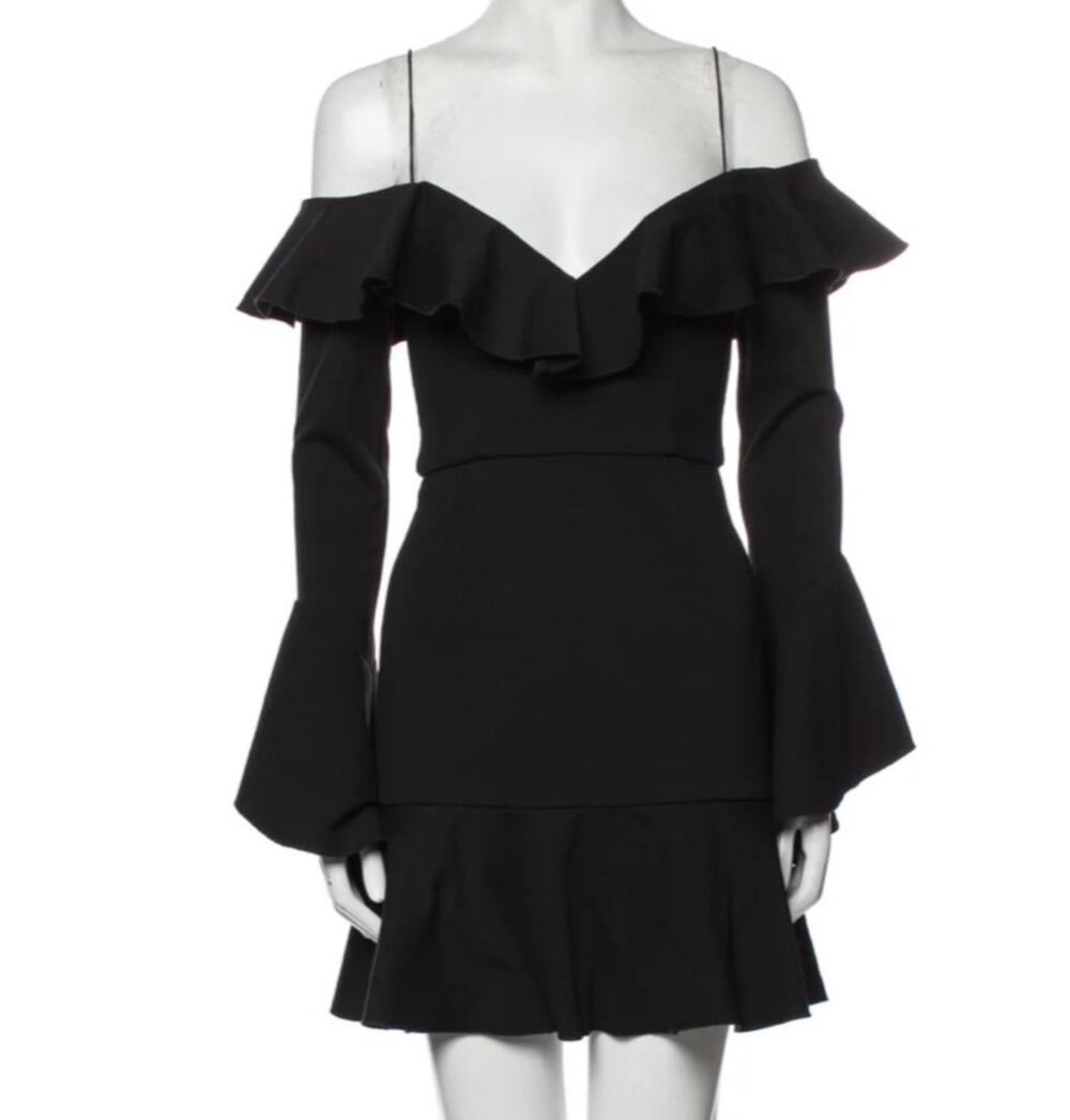 n/nicholas Black Flare Sleeve Mini Dress 4 Cocktail Ruffle Sweetheart Neckline